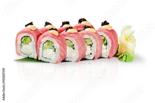 Obraz na płótnie Philadelphia sushi roll with tuna, avocado, cream cheese and black caviar on white background w salonie
