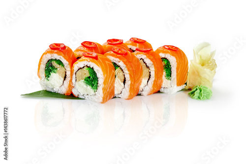 Obraz na płótnie Philadelphia uramaki sushi rolls with salmon, cream cheese, and cucumber garnished with chili pepper on white background w salonie