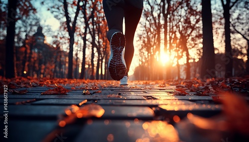 Runner's feet on autumn path, sunrise