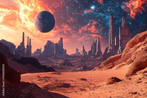 Fototapeta Naklejka Na Ścianę i Meble -  Alien landscape, vibrant sunset, futuristic city