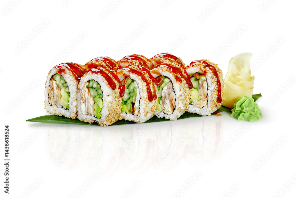 Sushi rolls with sesame seeds, unagi sauce, cucumber, avocado and fish on banana leaf resting on white background