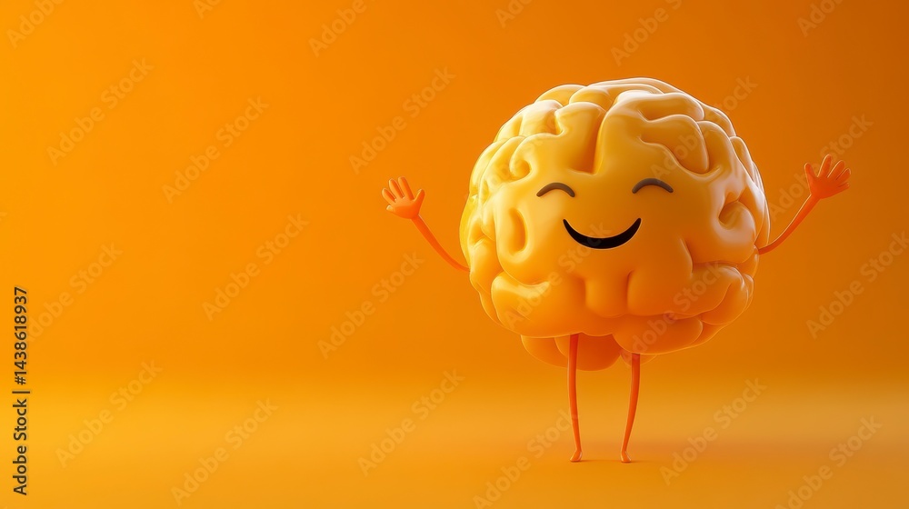 Happy cartoon brain character with arms raised against orange background. Happy cartoon brain character with arms raised against orange background.