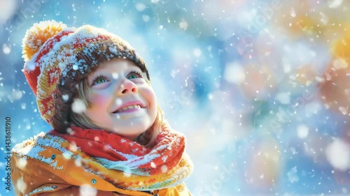 Cheerful Child Bundled Up in Colorful Winter Jacket with Scarf