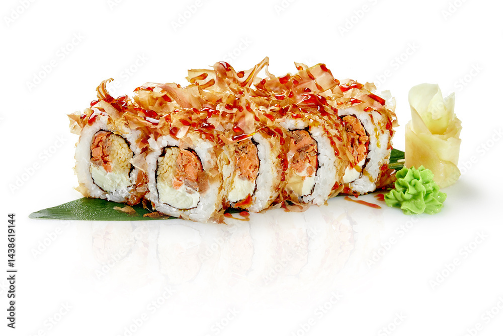 Delicious uramaki sushi rolls with smoked salmon, cream cheese, and bonito flakes on a white background