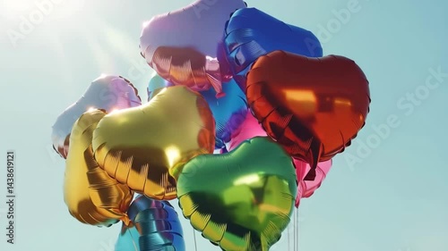 Shiny Heart-Shaped Balloons Floating Against a Clear Blue Sky