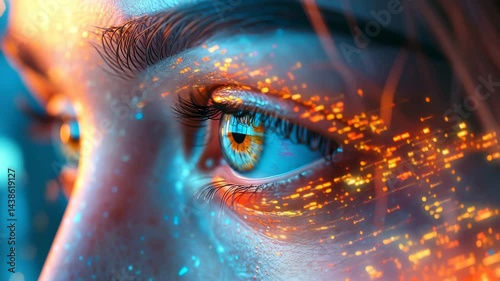 Close-Up of a Woman's Eye Glowing with Digital Lights and Reflections