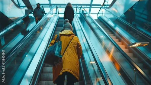 Person in Yellow Coat Riding Escalator in Modern Glass Building