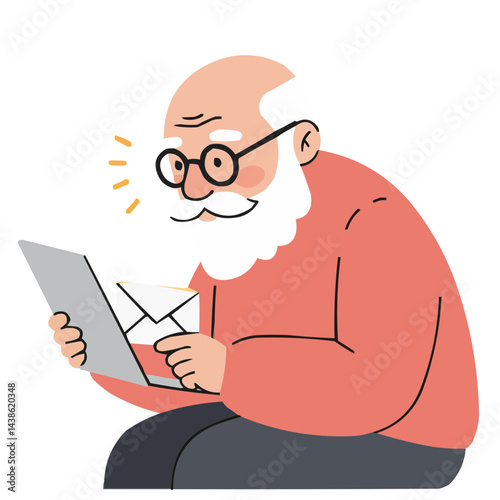 Grandfather checking email - silver-haired grandfather with glasses carefully reading emails on laptop, screen glow illuminating his focused face in cozy home setting.