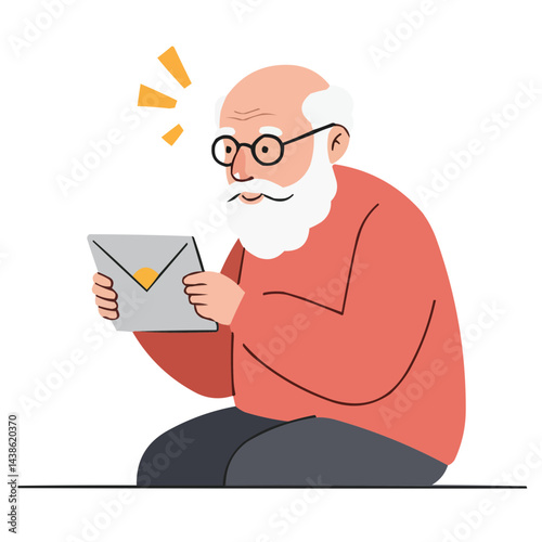 Elderly man receiving letter in envelope. With trembling hands he opens the envelope excitedly, his eyes filling with emotion while reading long-awaited lines.