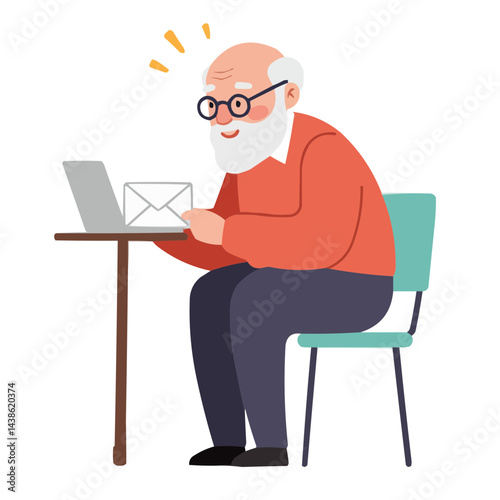 Grandfather checking email - silver-haired grandfather with glasses carefully reading emails on laptop, screen glow illuminating his focused face in cozy home setting.