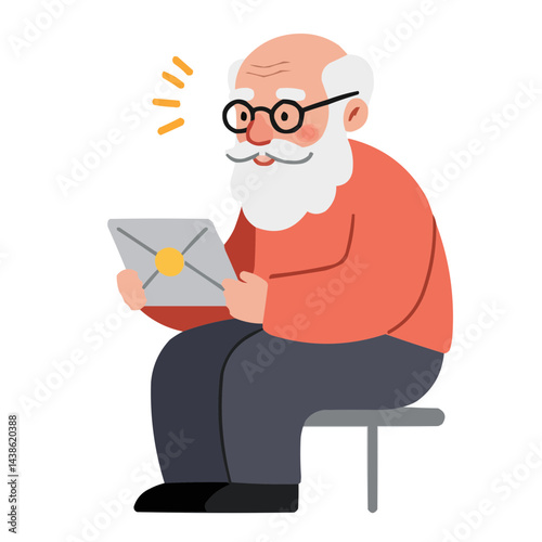 Elderly man receiving letter in envelope. With trembling hands he opens the envelope excitedly, his eyes filling with emotion while reading long-awaited lines.