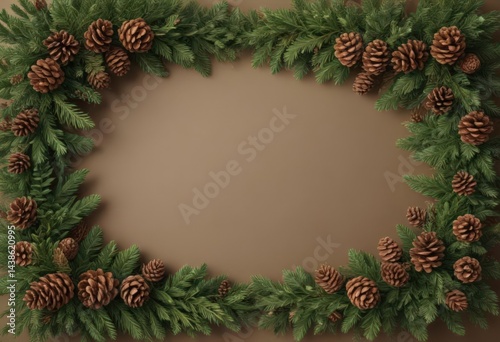 Deep green fir & brown pine cones form a rich Christmas border ,  background,  element