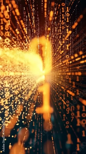 Glowing Orange Binary Code Tunnel Flowing Rapidly in 3D Space