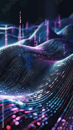 Vibrant 3D Landscape of Glowing Digital Particles in Flowing Waves