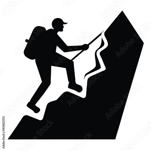 Dynamic Pose Of Hiker Pulling Up Steep Rocky Trail