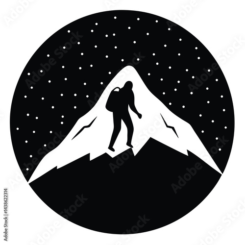 Lone Silhouette Of Man Under Falling Snow Climbing