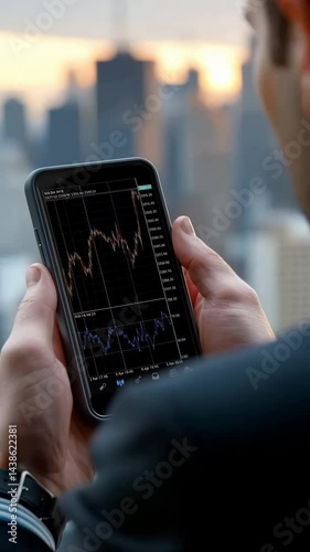 Businessman Analyzing Financial Data on Mobile Device at Sunset