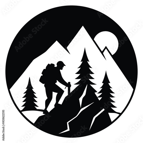 Adventurer Climbing Rocky Mountain With Autumn Tree