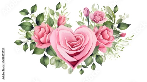 Heart-shaped arrangement of pink rose flowers and green leaves isolated on white background
