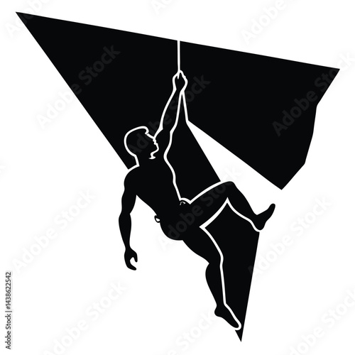 Bold Climber Hanging From Overhanging Rock Cliff