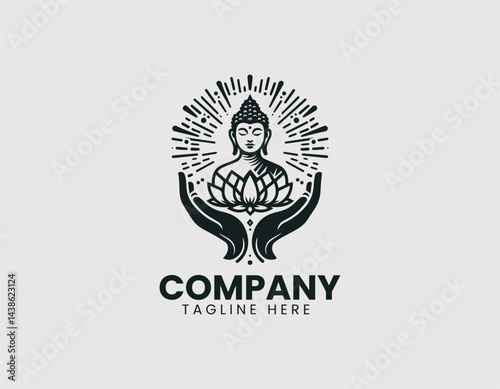Serene Line Art Meditating Buddha Lotus Flower Stylish Hands Vector Logo Design