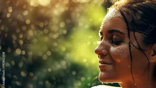 Joyful Woman's Face Under Gentle Summer Rain with Glistening Droplets