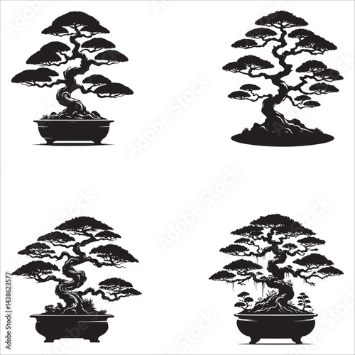  bonsai trees set silhouette vector illustration