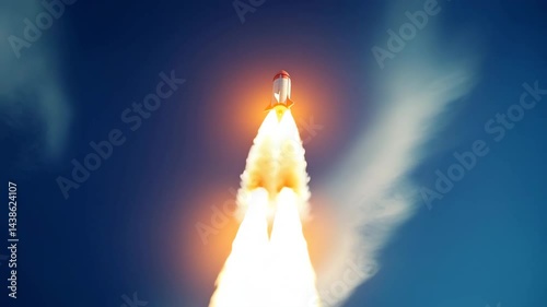 Dynamic Rocket Launch into Bright Blue Sky with Fiery Exhaust Flames