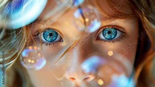 Ethereal Girl with Blue Eyes Surrounded by Colorful Floating Bubbles