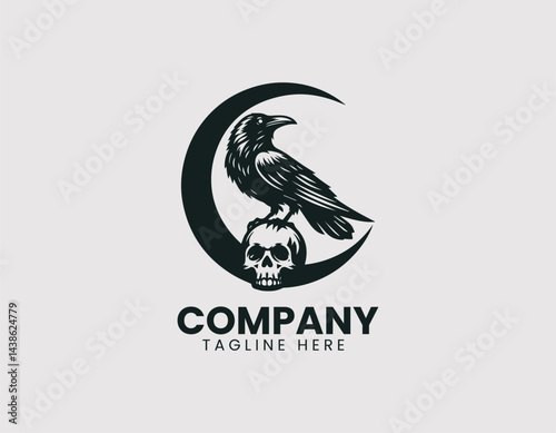 Raven Perched on Skull Crescent Moon Background Vector Logo Design