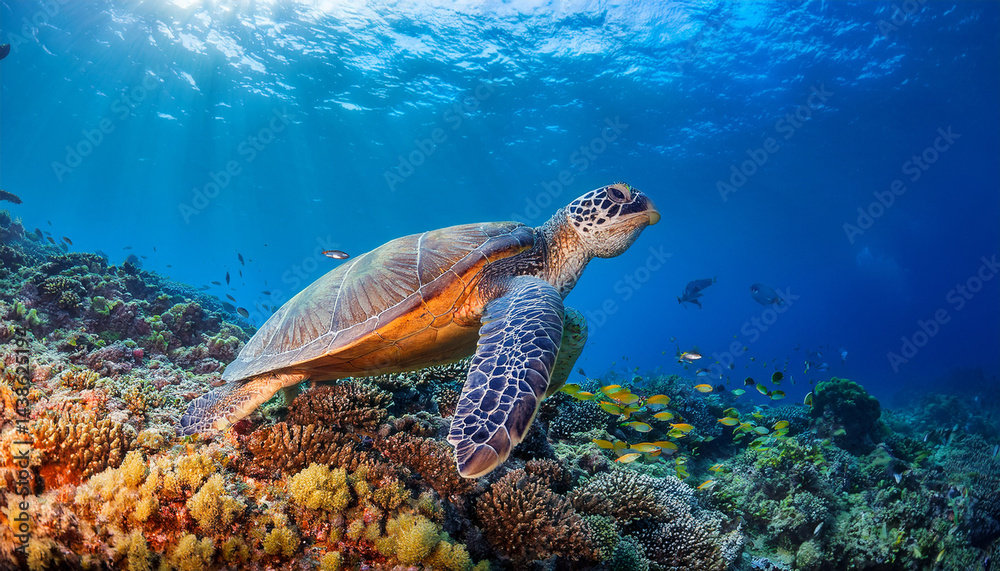 Obraz premium graceful sea turtle swimming in colorful coral reef with vibrant fish under the sunlit ocean sea turtle coral reef fish