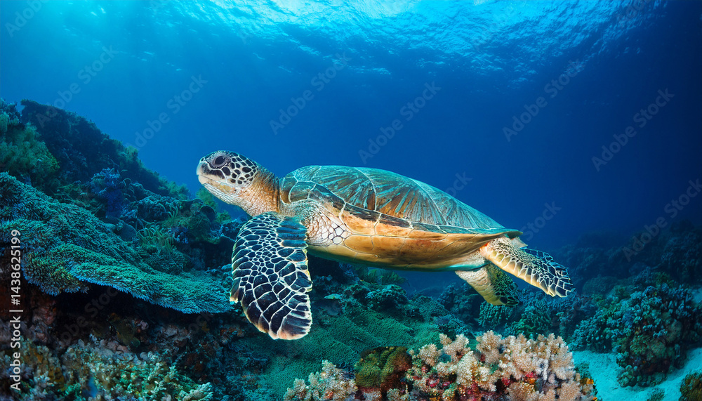 Fototapeta premium sea turtle swimming underwater with coral reef generative ai