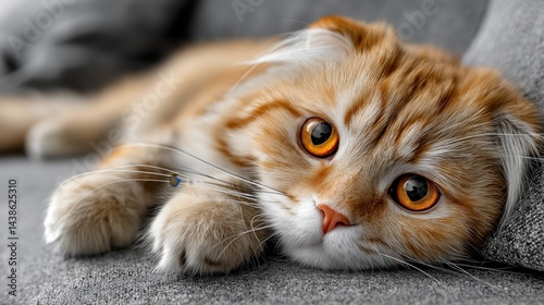 Fluffy red Scottish Fold cat with orange eyes relaxing on a grey sofa in cozy interior