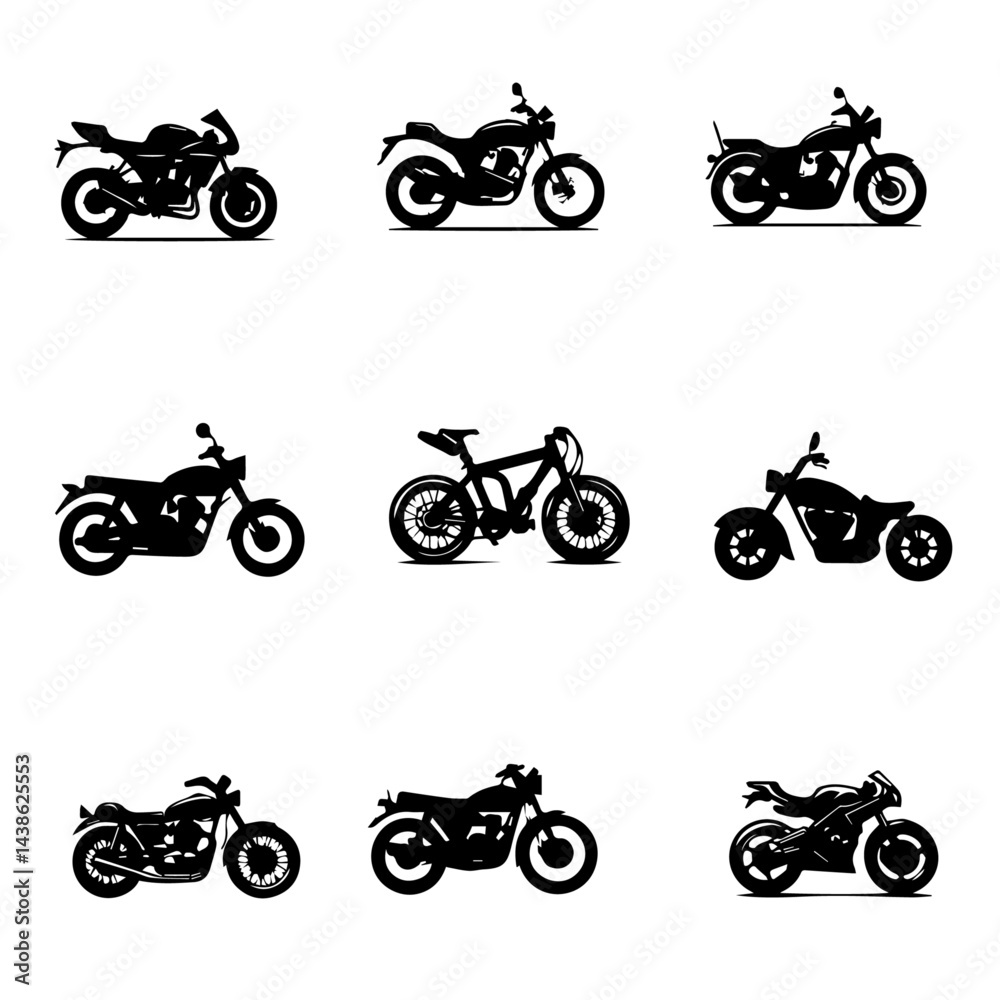 Naklejka premium bicycles black and white vector set, motorcycle, bike, motor, motorbike, motocross, speed, sport, wheel, vector, biker, vehicle, isolated, transport, transportation, engine, black, cycle, motor