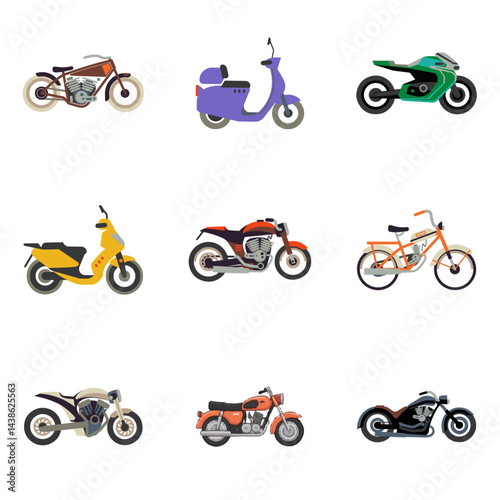 bicycles colorful vector set, motorcycle, bike, motor, motorbike, motocross, speed, sport, wheel, vector, biker, vehicle, isolated, transport, transportation, engine, black, cycle, chopper, motor