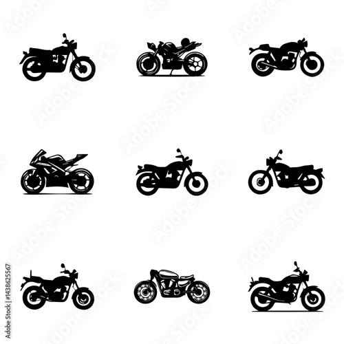 bicycles silhouette vector set, motorcycle, bike, motor, motorbike, motocross, speed, sport, wheel, vector, biker, vehicle, isolated, transport, transportation, engine, black, cycle, chopper, motor