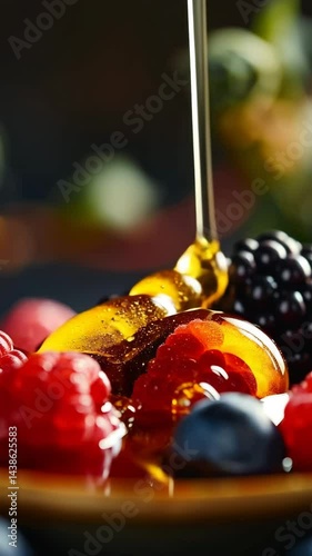 Golden Honey Drizzling Over Fresh Raspberries and Blackberries