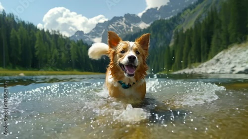 Joyful Dog Splashing Through Crystal Clear Mountain Lake on Sunny Day