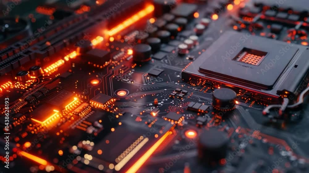 Closeup circuit board with glowing orange components Closeup circuit board with glowing orange components