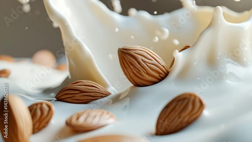 High-Speed Close-Up Shot of Almonds Splashing into Fresh Almond Milk