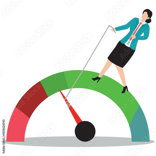 Flat illustration of businesswoman pull meter down reducing risk level red alert to green reduce stress decrease anxiety or danger indicator stock illustration