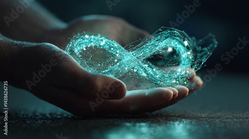 Hands gently cradling a luminous teal infinity symbol, composed of interconnected nodes, symbolizing endless possibilities, connection, and eternity