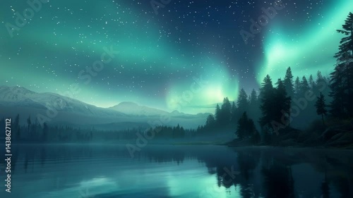 Serene Night with Glowing Aurora Borealis Over Calm Lake and Mountains