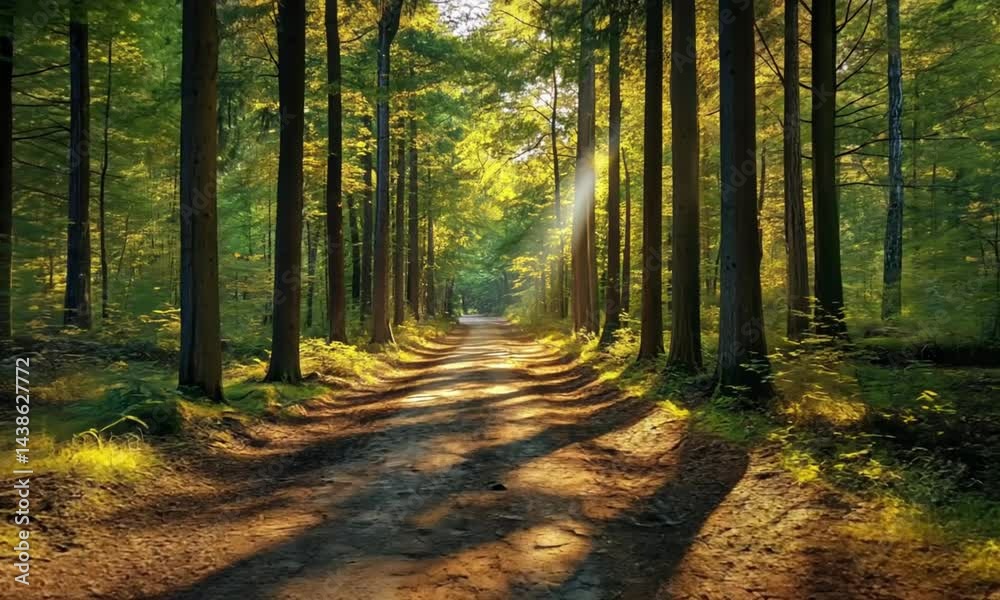 Sunlit Path Through Majestic Forest Sunlit Path Through Majestic Forest