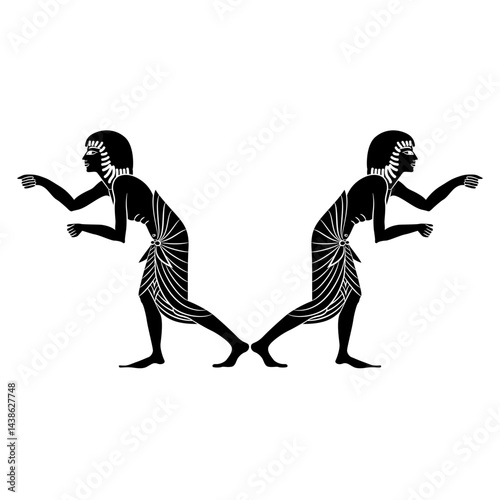 Symmetrical ethnic design with two ancient Egyptian men in profile in dynamic pose. Black and white silhouette.
