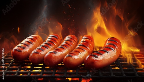 five grilled sausages on grill coals are on fire for barbecue vertical layout ai illustration