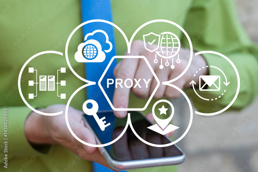 Proxy Cyber Security Information Technology Web Concept. Business person using smartphone and virtual touch screen sees word: PROXY. Proxy Server.