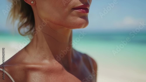 Wallpaper Mural Close-up of beautiful womans collarbones on sunny beach with ocean backdrop showcasing summer glow and relaxed vibe Torontodigital.ca