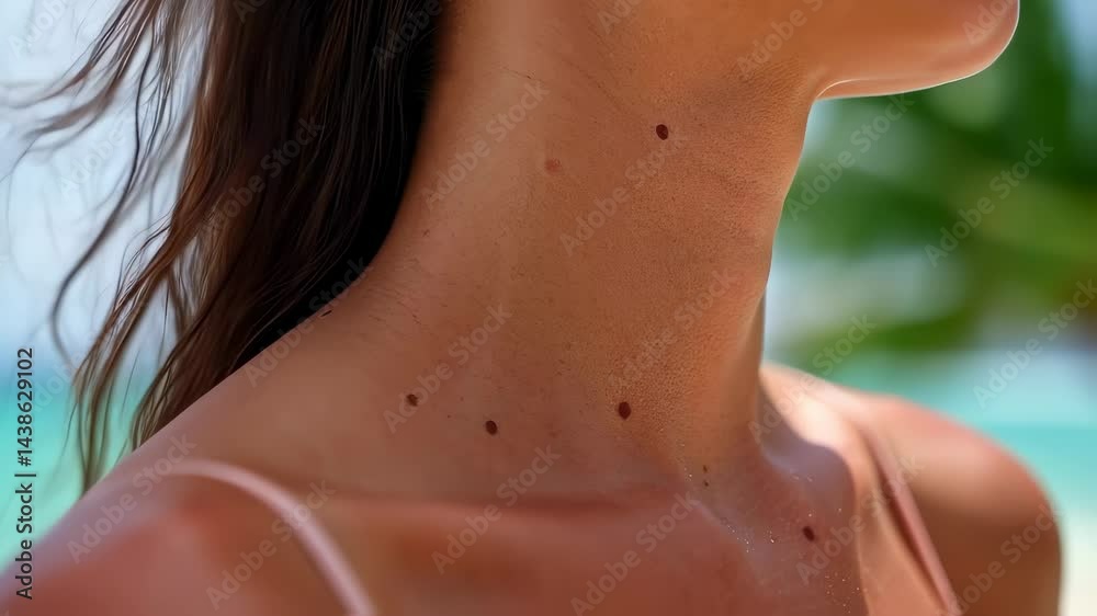 custom made wallpaper toronto digitalClose-up of a woman's collarbone highlighted by sun rays on a summer beach with ocean waves and tropical palm trees in the background