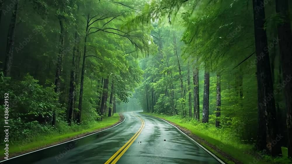 Rain-soaked road winds through lush green forest